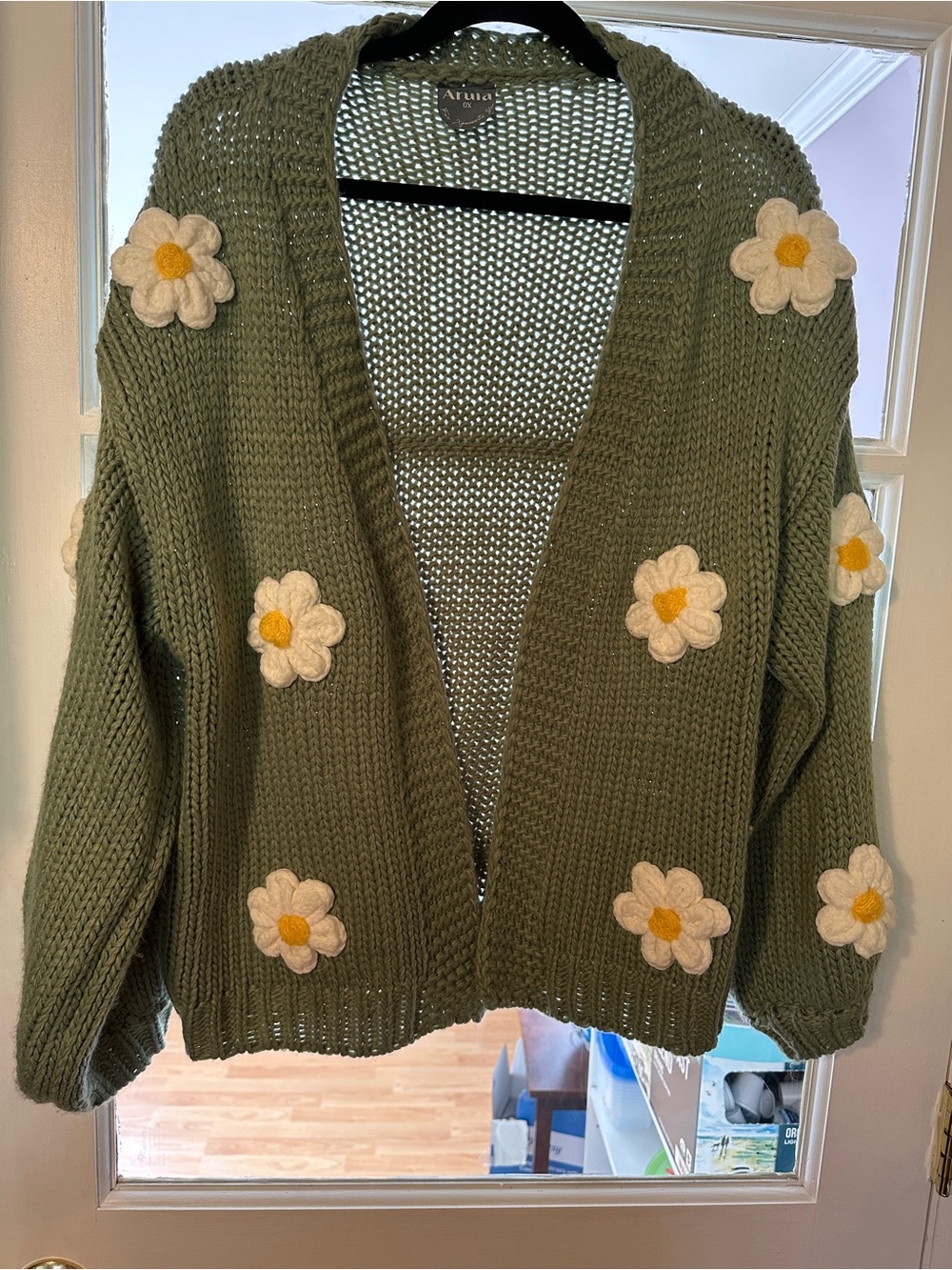 ARULA Olive Green Daisy Appliqué Open Cardigan Sweater (0X)